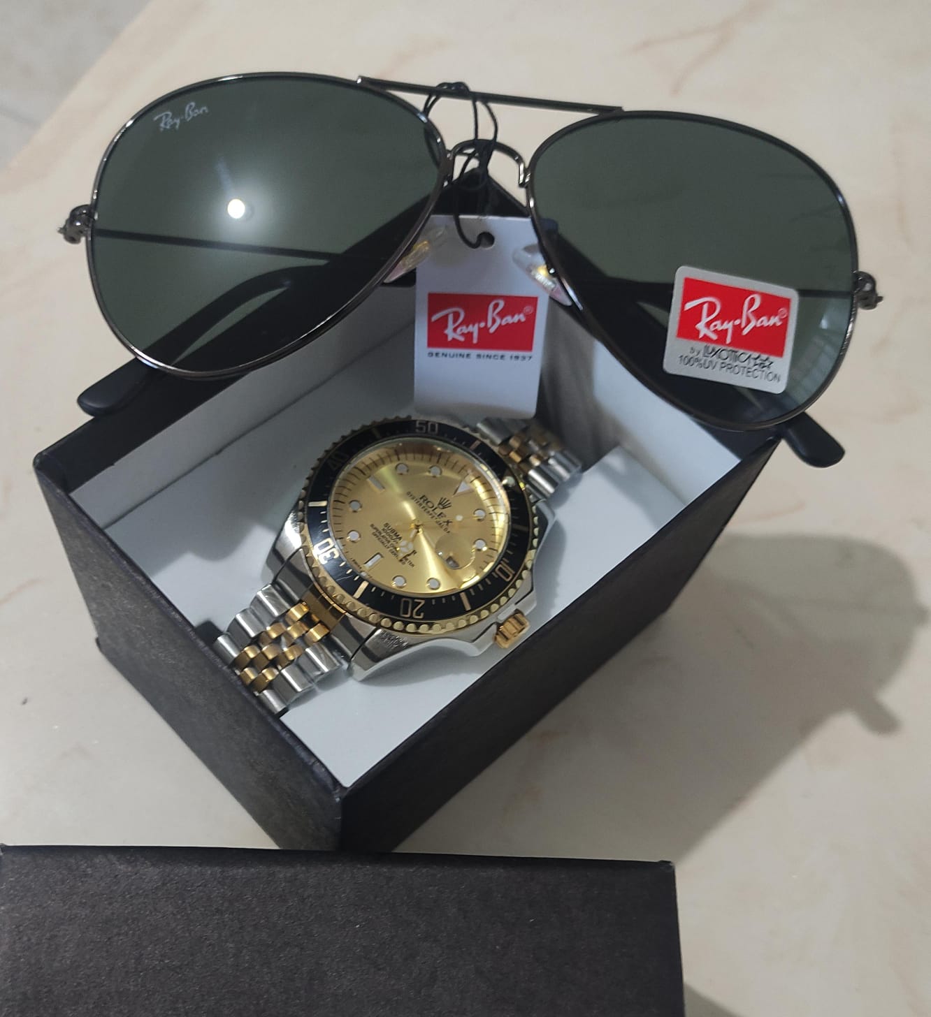 Super combo reloj Rolex aaa submarine y gafas rayban piloto