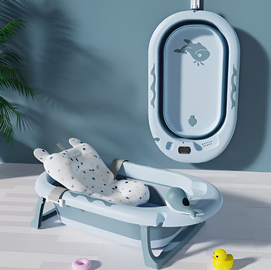 Bañera plegable para bebe azul amarillo  rosada gris con termómetro regadera manual ballena y cojín