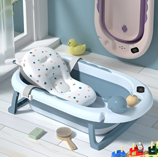 Bañera plegable para bebe azul amarillo  rosada gris con termómetro regadera manual ballena y cojín