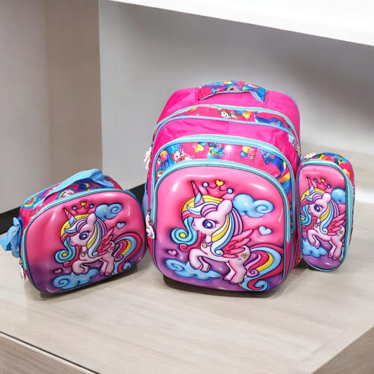 Trio morral lonchera y cartuchera unicornio