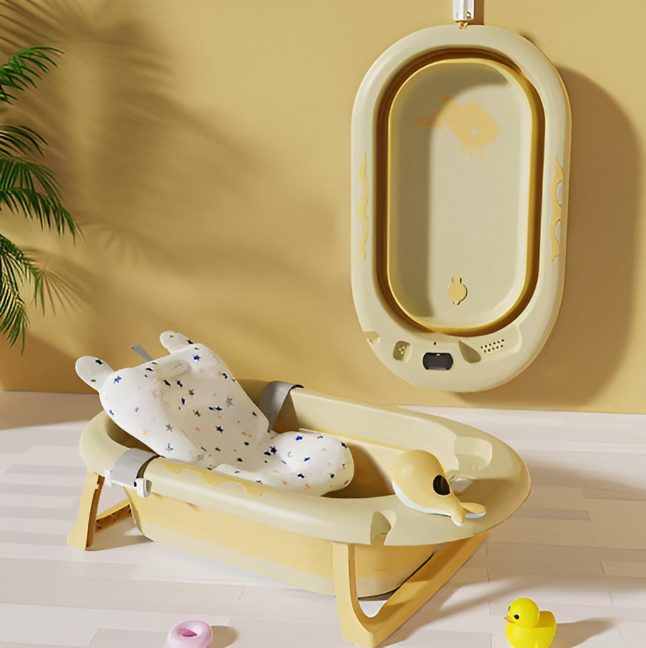 Bañera plegable para bebe azul amarillo  rosada gris con termómetro regadera manual ballena y cojín