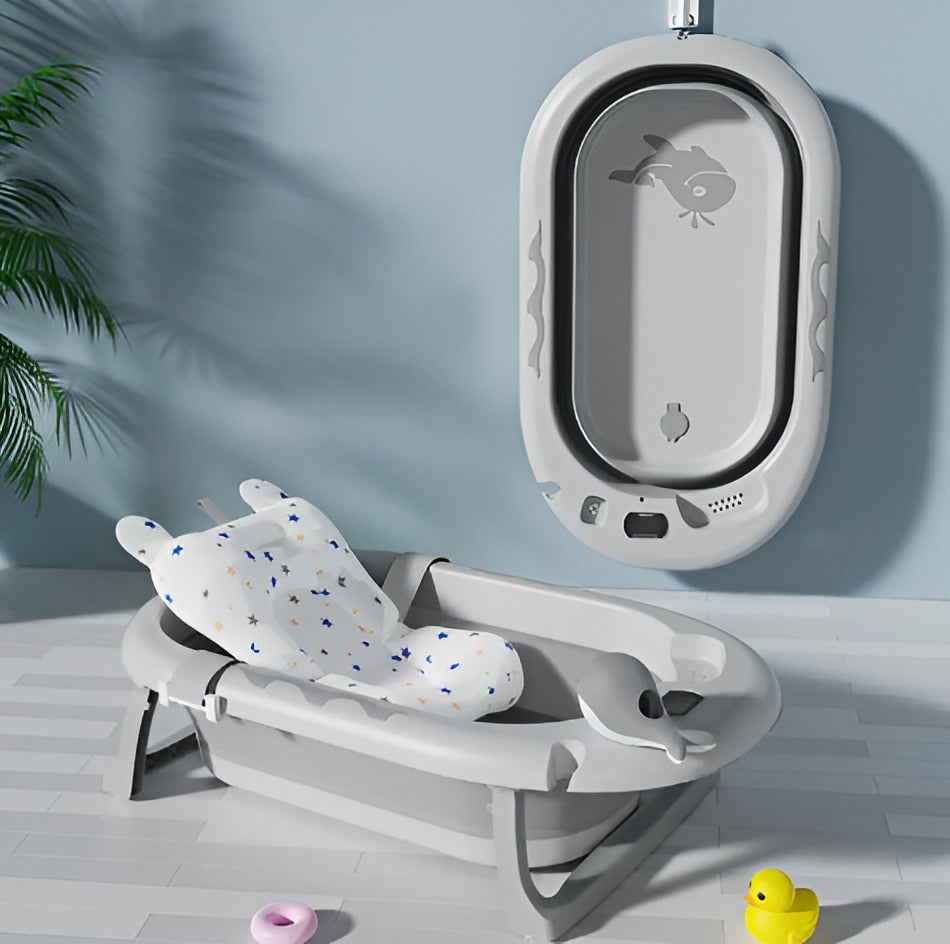 Bañera plegable para bebe azul amarillo  rosada gris con termómetro regadera manual ballena y cojín